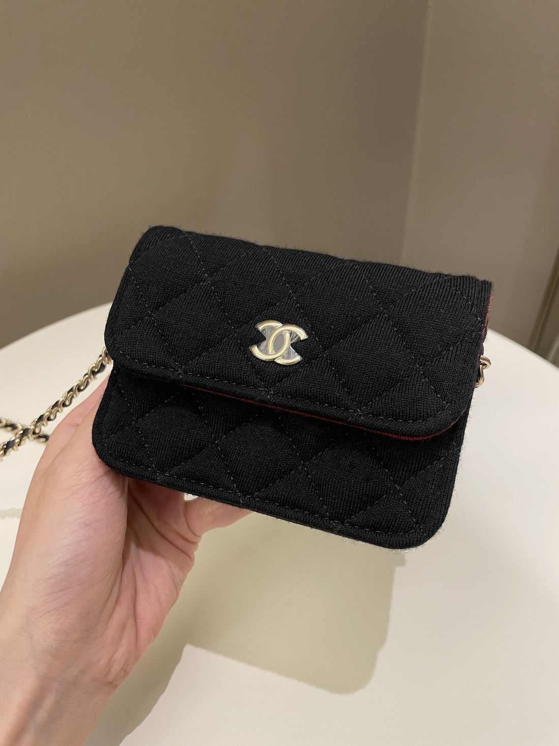 Chanel 23C Quilted VIP Clutch On Chain Black Jersey/ Red Interior