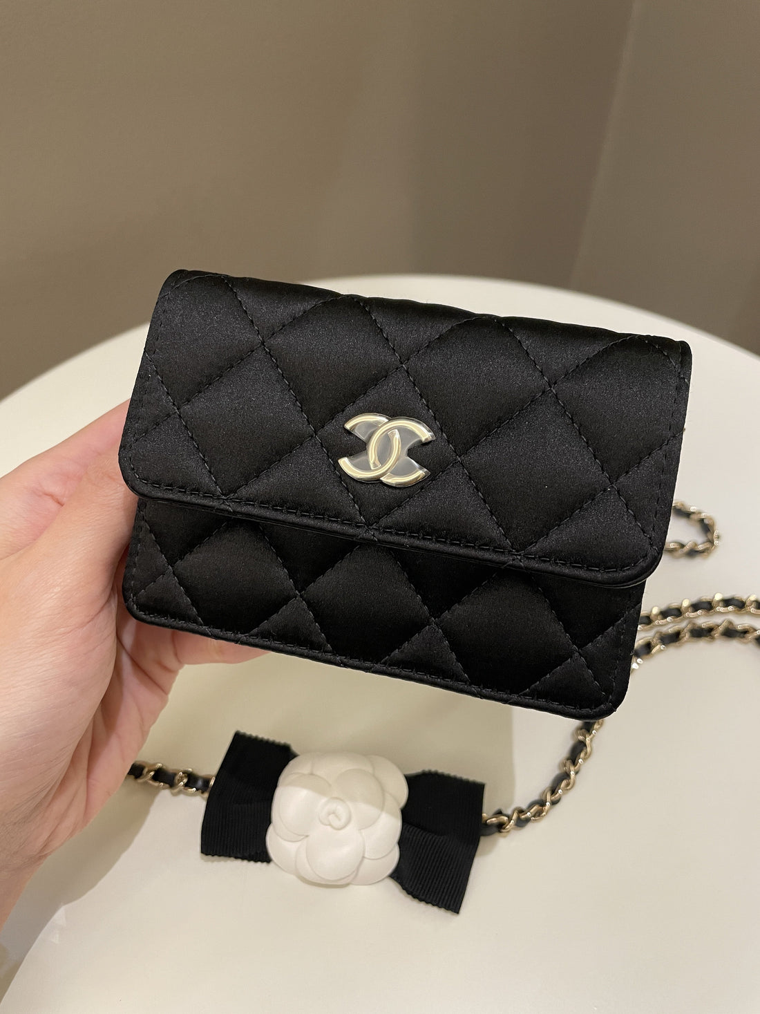 Chanel Camellia Bow VIP Clutch On Chain Black Satin