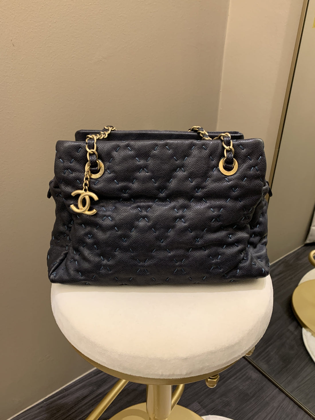 Chanel Quilted Leather Wild Stitch Shoulder Tote Dark Navy
