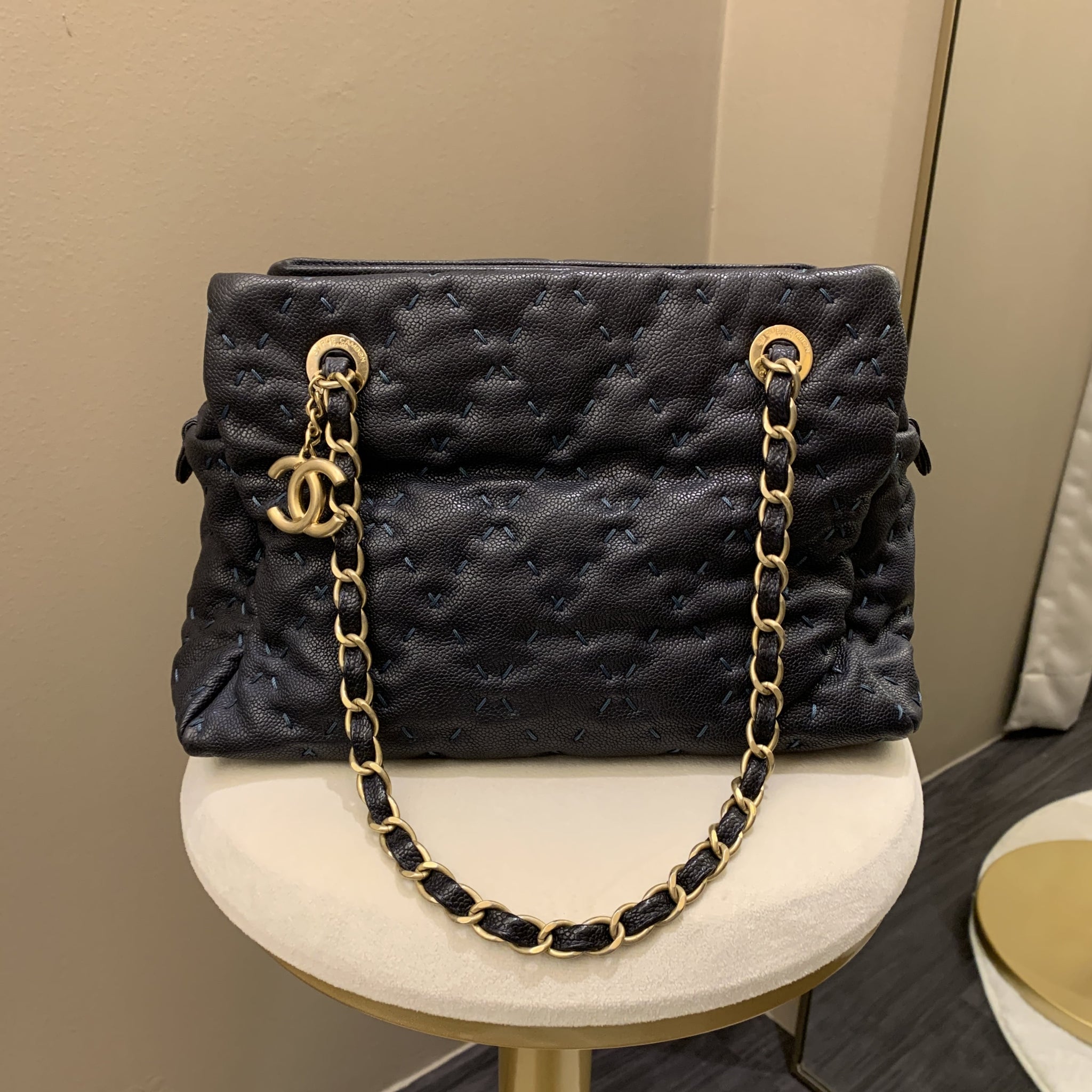 Chanel Quilted Leather Wild Stitch Shoulder Tote Dark Navy