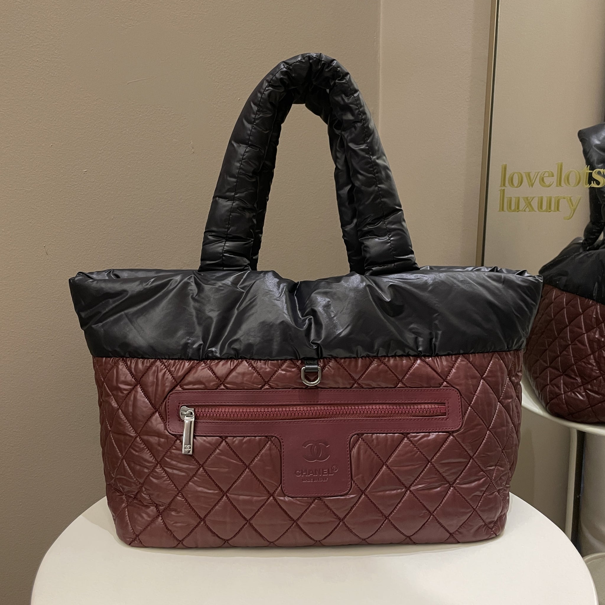Chanel Coco Cocoon Reversible Tote Black Burgundy