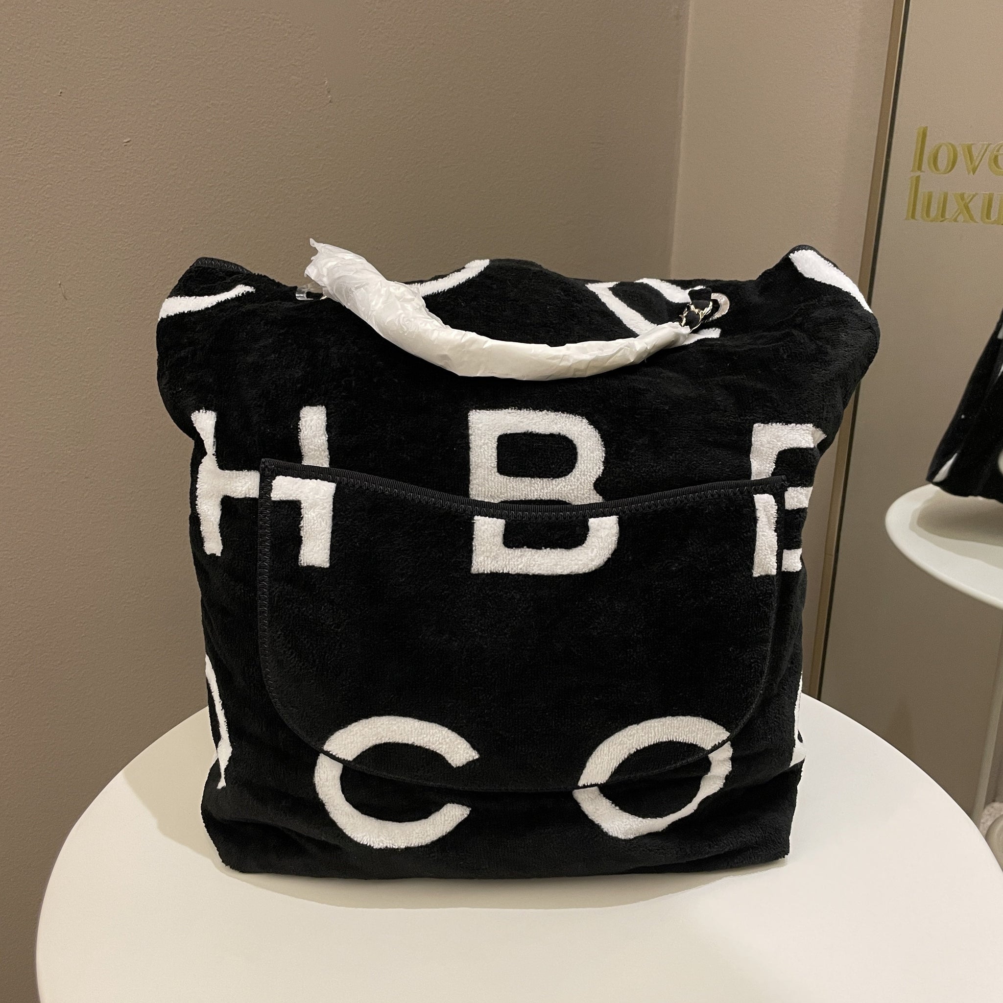 Chanel Coco Beach Tote Black/ White Terry Cloth