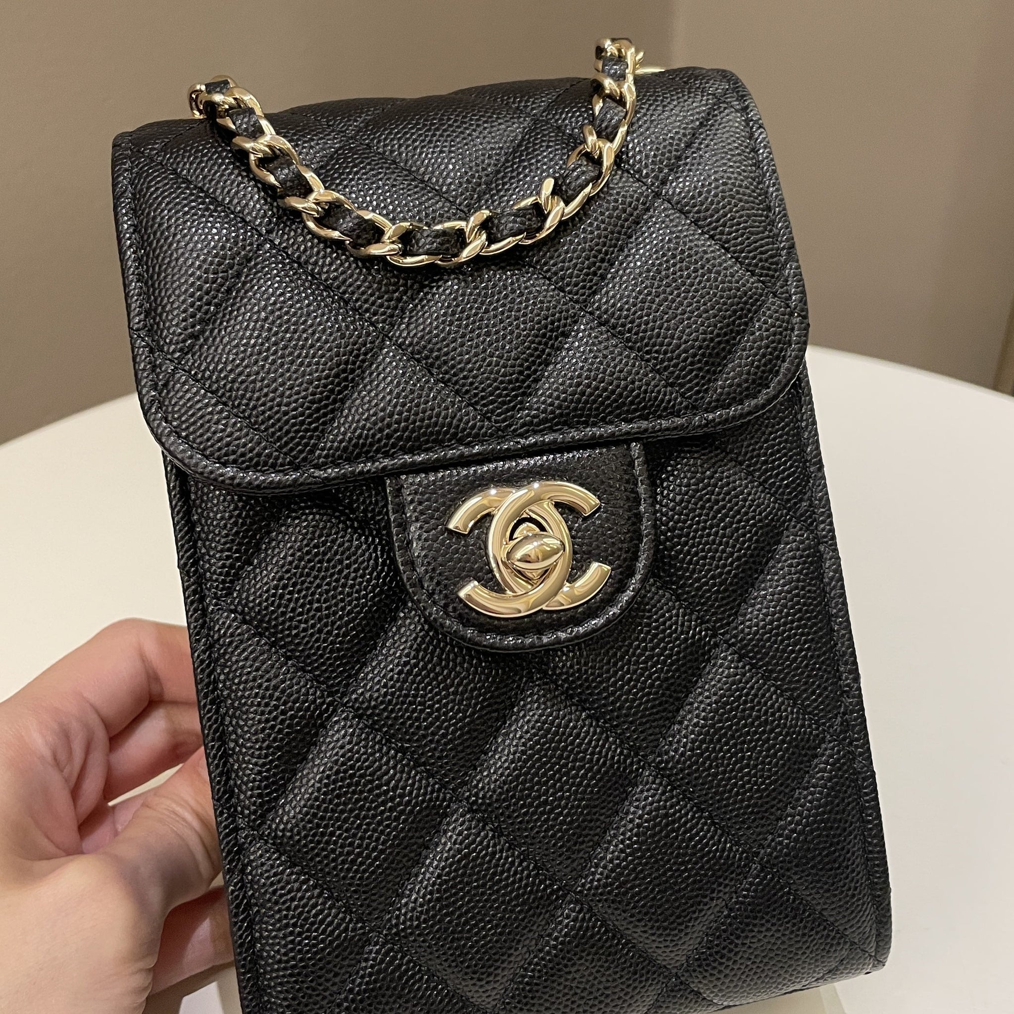 Chanel Quilted Cc Vertical Phone Clutch On Chain Black Caviar