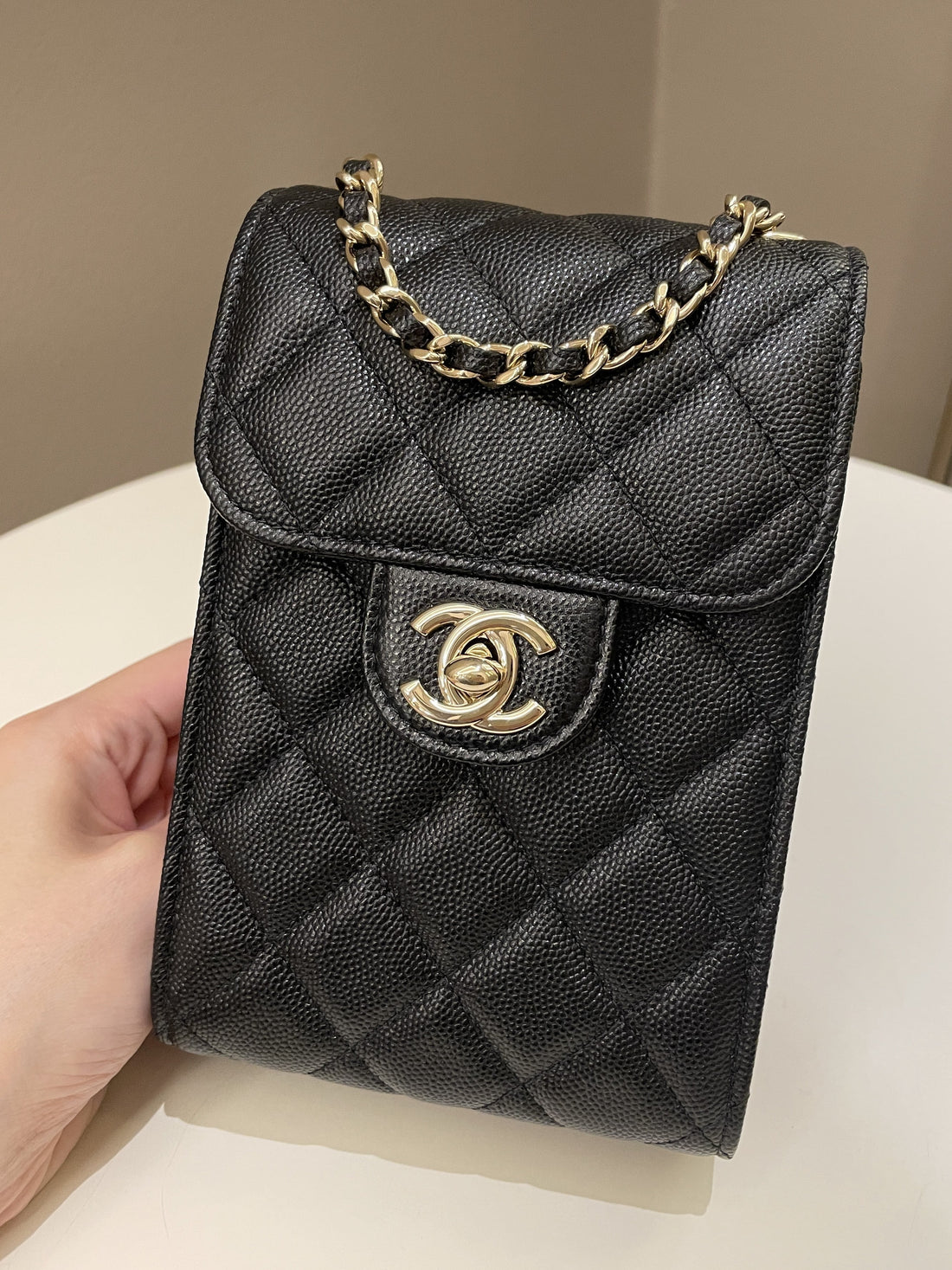 Chanel Quilted Cc Vertical Phone Clutch On Chain Black Caviar