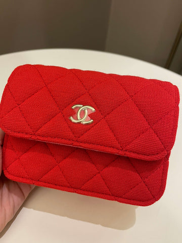 Chanel 23C Quilted VIP Clutch On Chain Red Pink Jersey