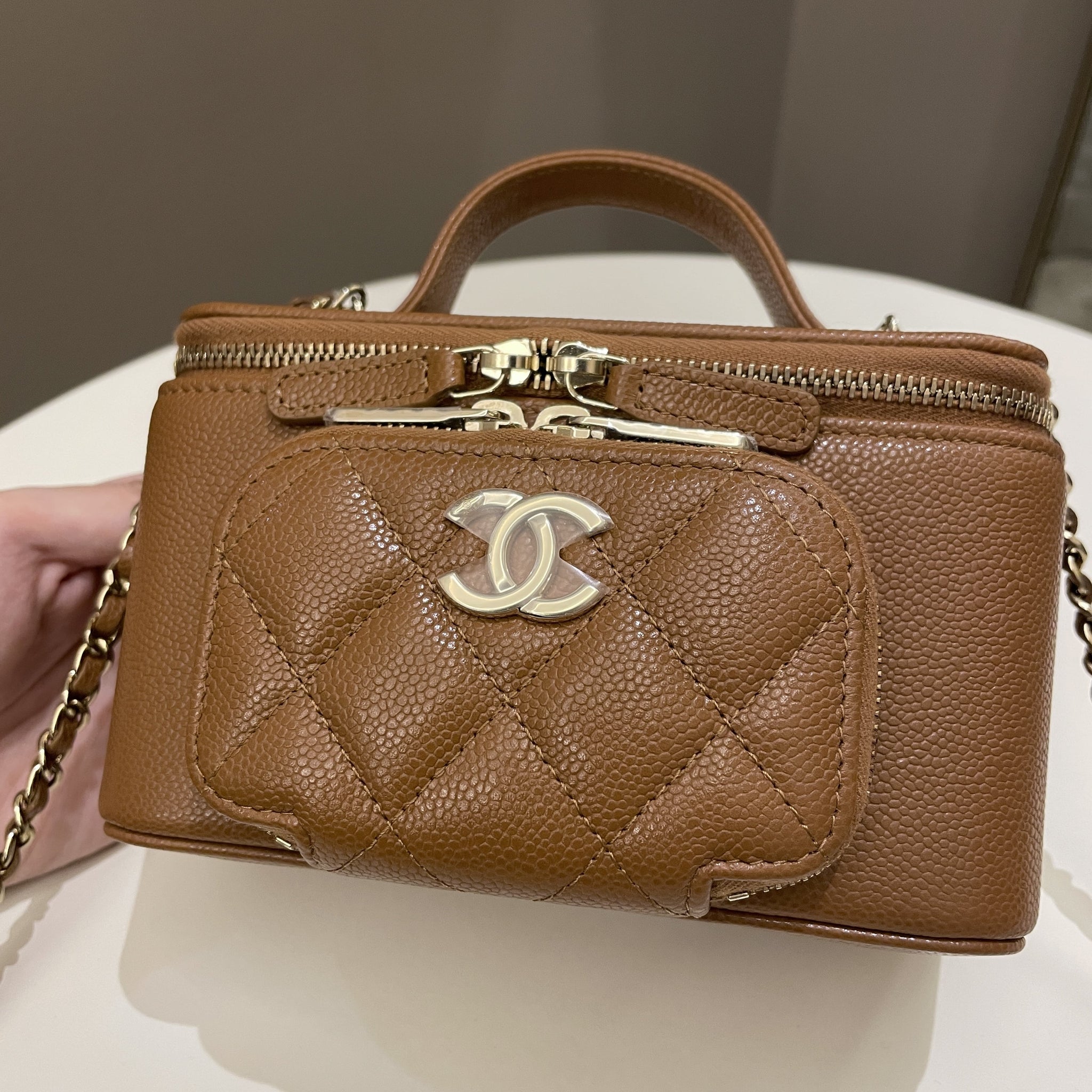 Chanel 23P Business Affinity Top Handle Vanity Rectangular Tan Caviar