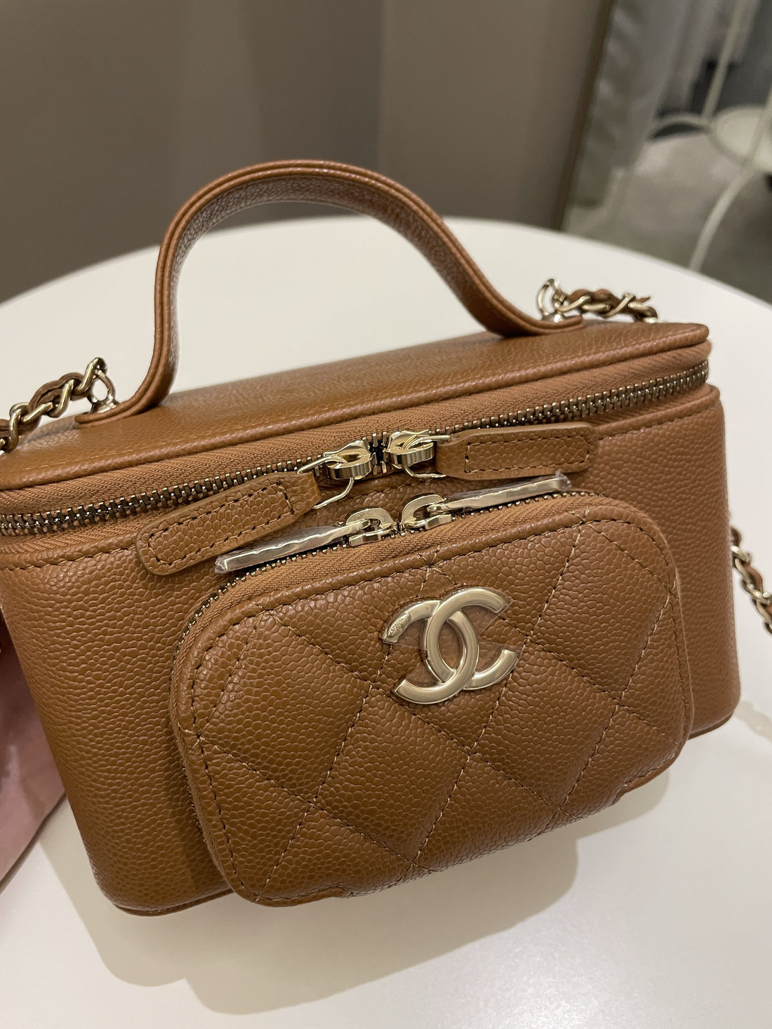 Chanel 23P Business Affinity Top Handle Vanity Rectangular Tan Caviar