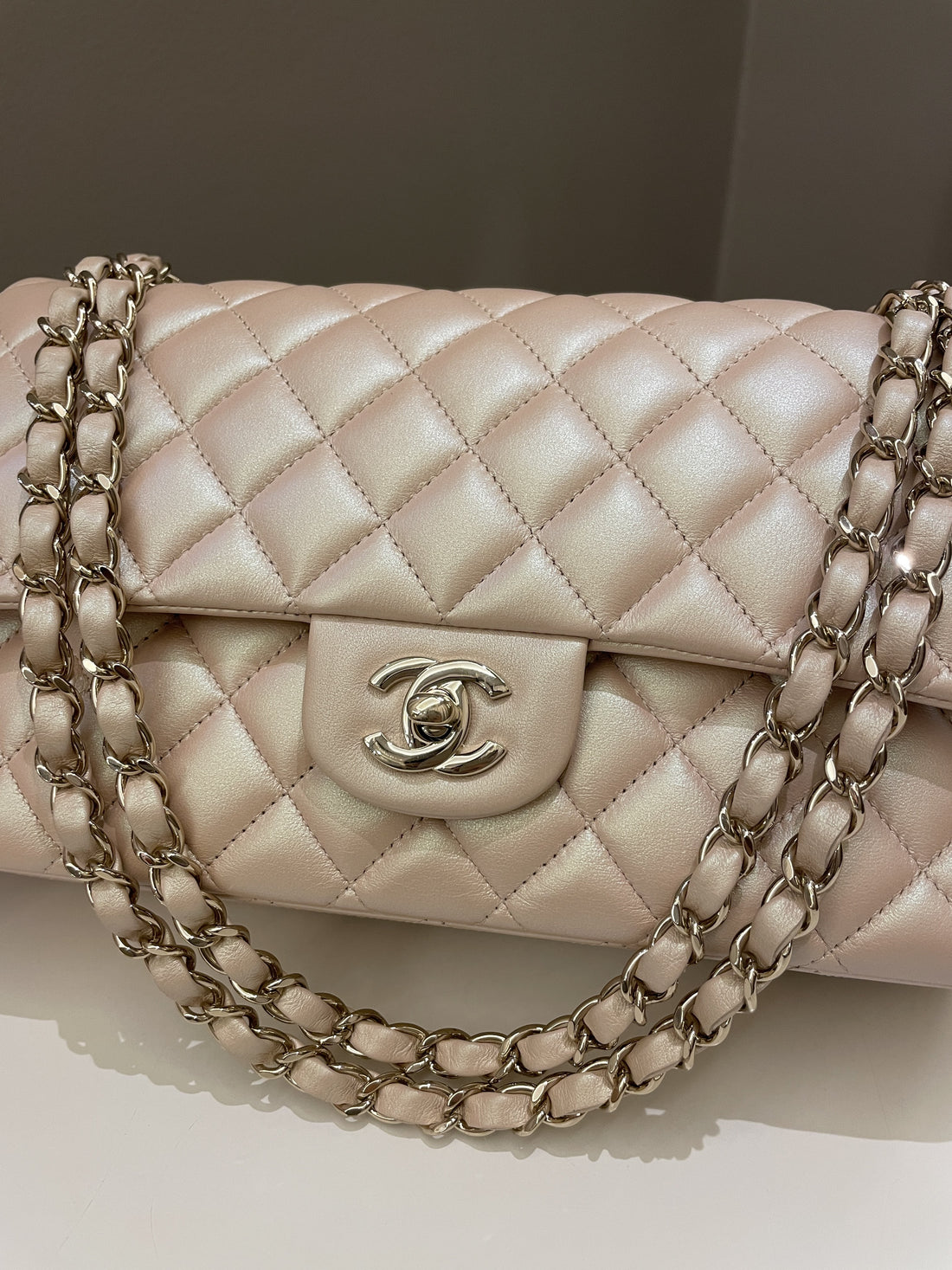 Chanel 21S Classic Quilted Medium Double Flap Iridescent Pearl Beige Calfskin