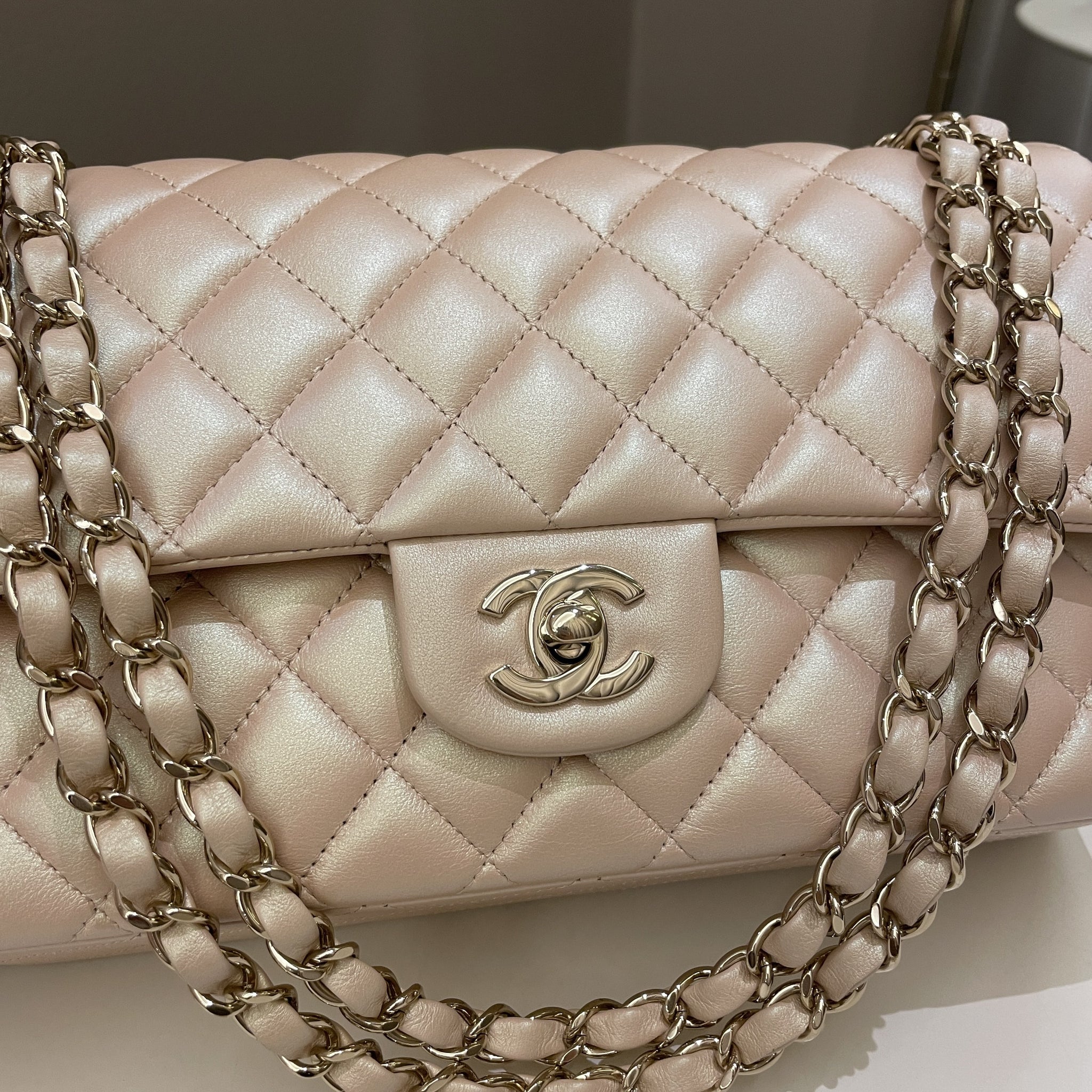 Chanel 21S Classic Quilted Medium Double Flap Iridescent Pearl Beige Calfskin