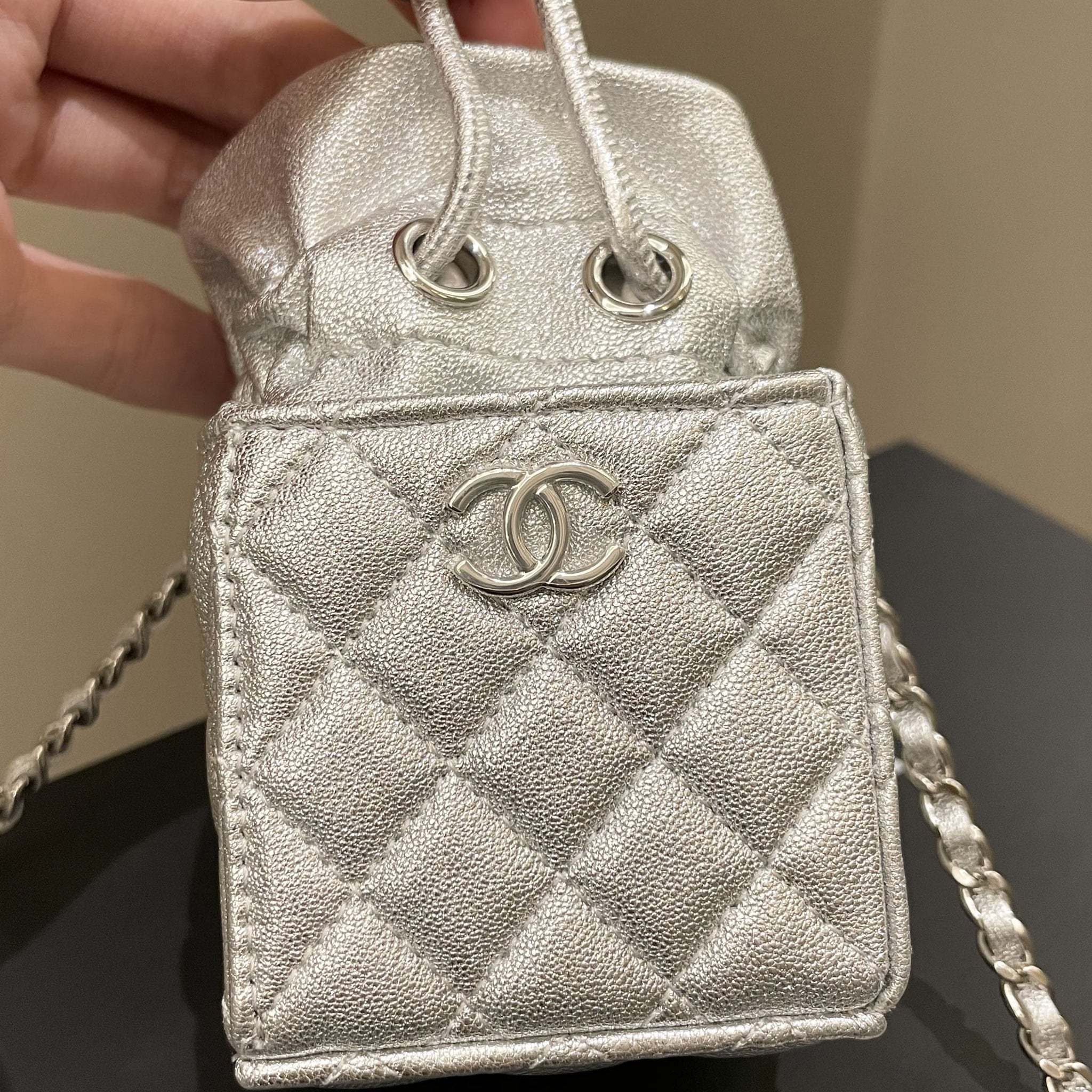 Chanel 22C Mini Clutch With Chain Metallic Silver Glazed Lambskin