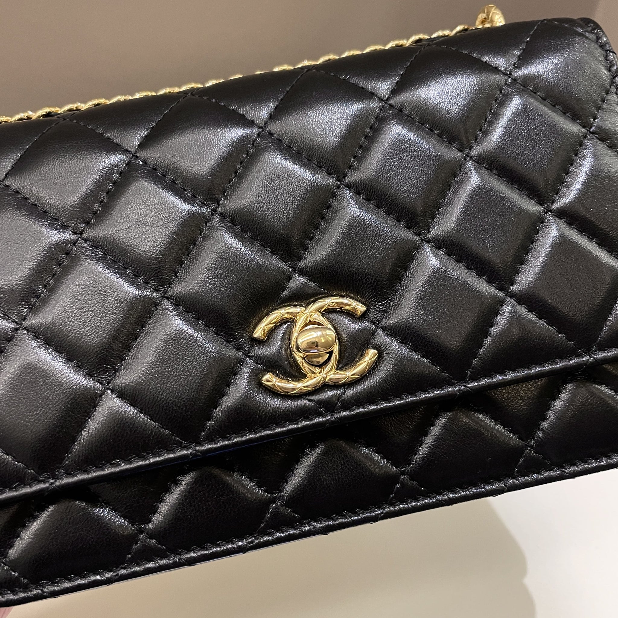 Chanel 23C Quilted Cc Wallet On Chain Black Glazed