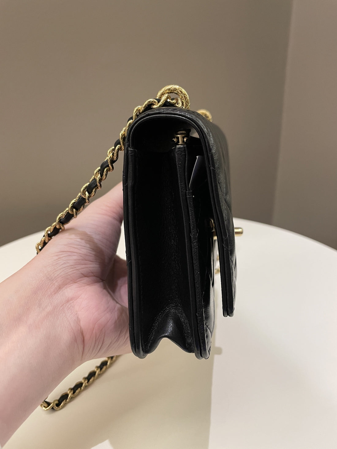 Chanel 23C Quilted Cc Wallet On Chain Black Glazed