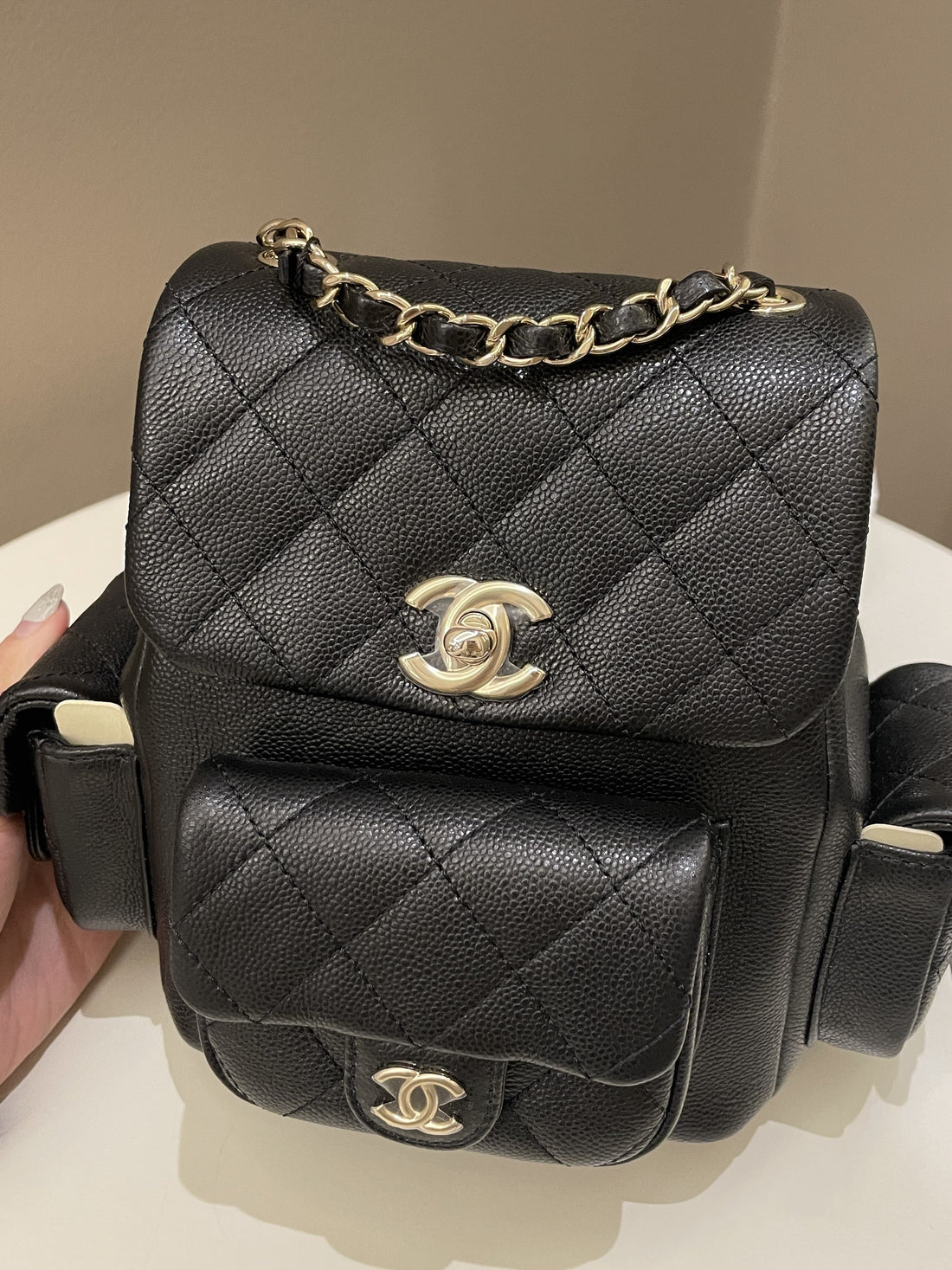 Chanel 23K Quilted Triple Duma Backpack Black Caviar