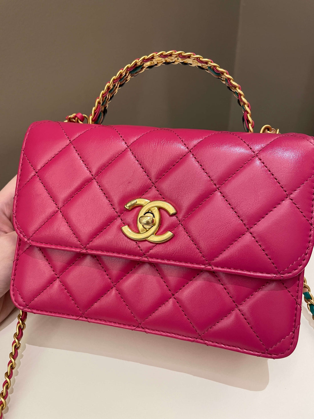 Chanel 23P Quilted Top Handle Flap Chain Rose