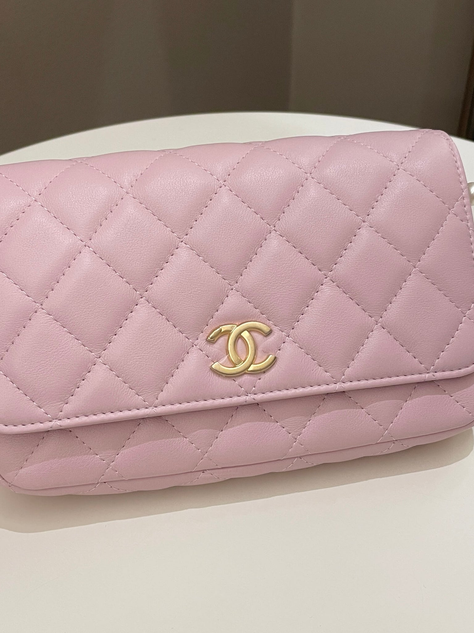 Chanel 21S Quilted Wallet On Chain With Pearl Baby Pink Lambskin