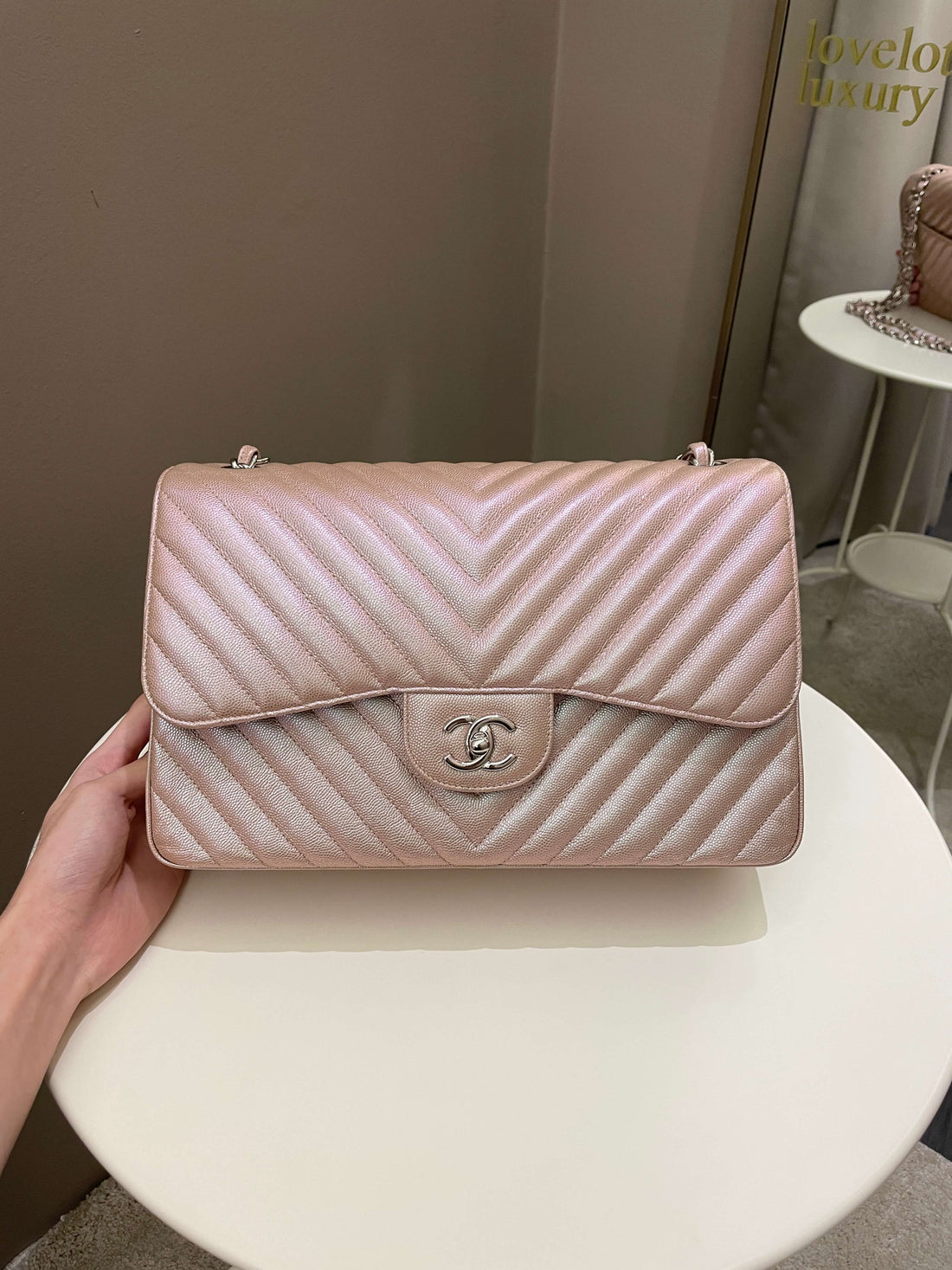 Chanel 17B Chevron Jumbo Double Flap Rose Gold Caviar