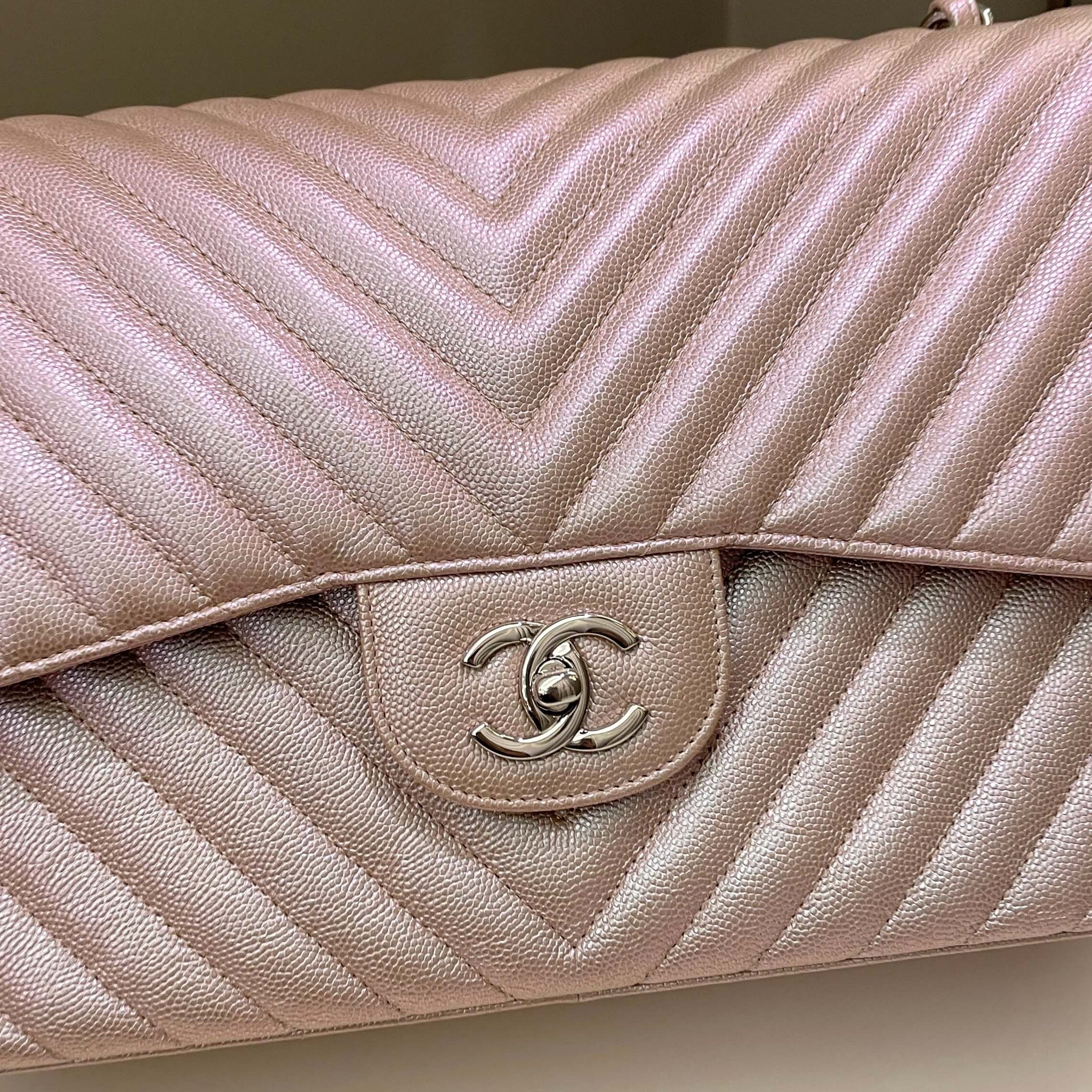 Chanel 17B Chevron Jumbo Double Flap Rose Gold Caviar