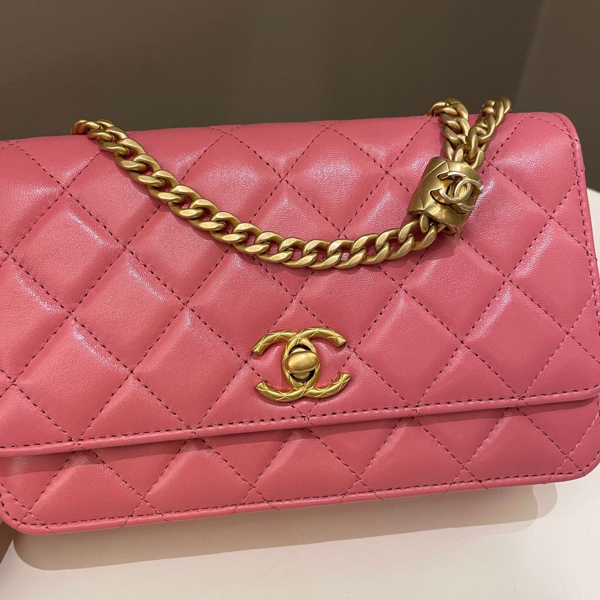 Chanel 23B Pearl Crush Wallet On Chain Pink Lambskin