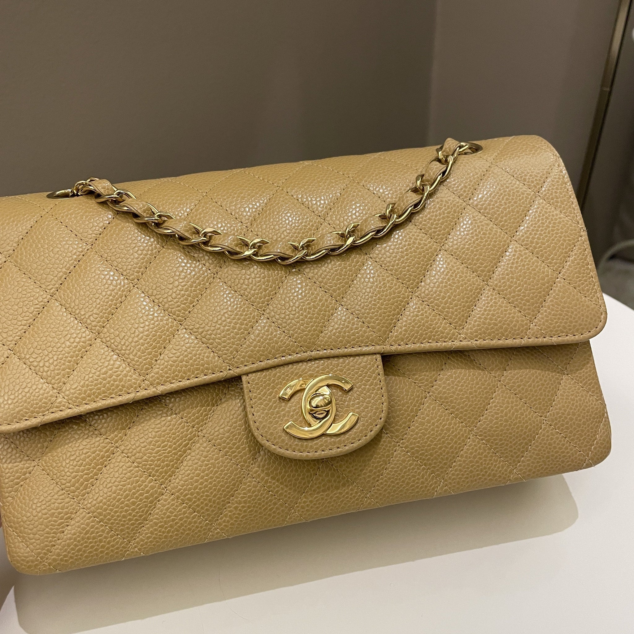 Chanel Vintage Classic Quilted Medium Double Flap Dark Beige Caviar