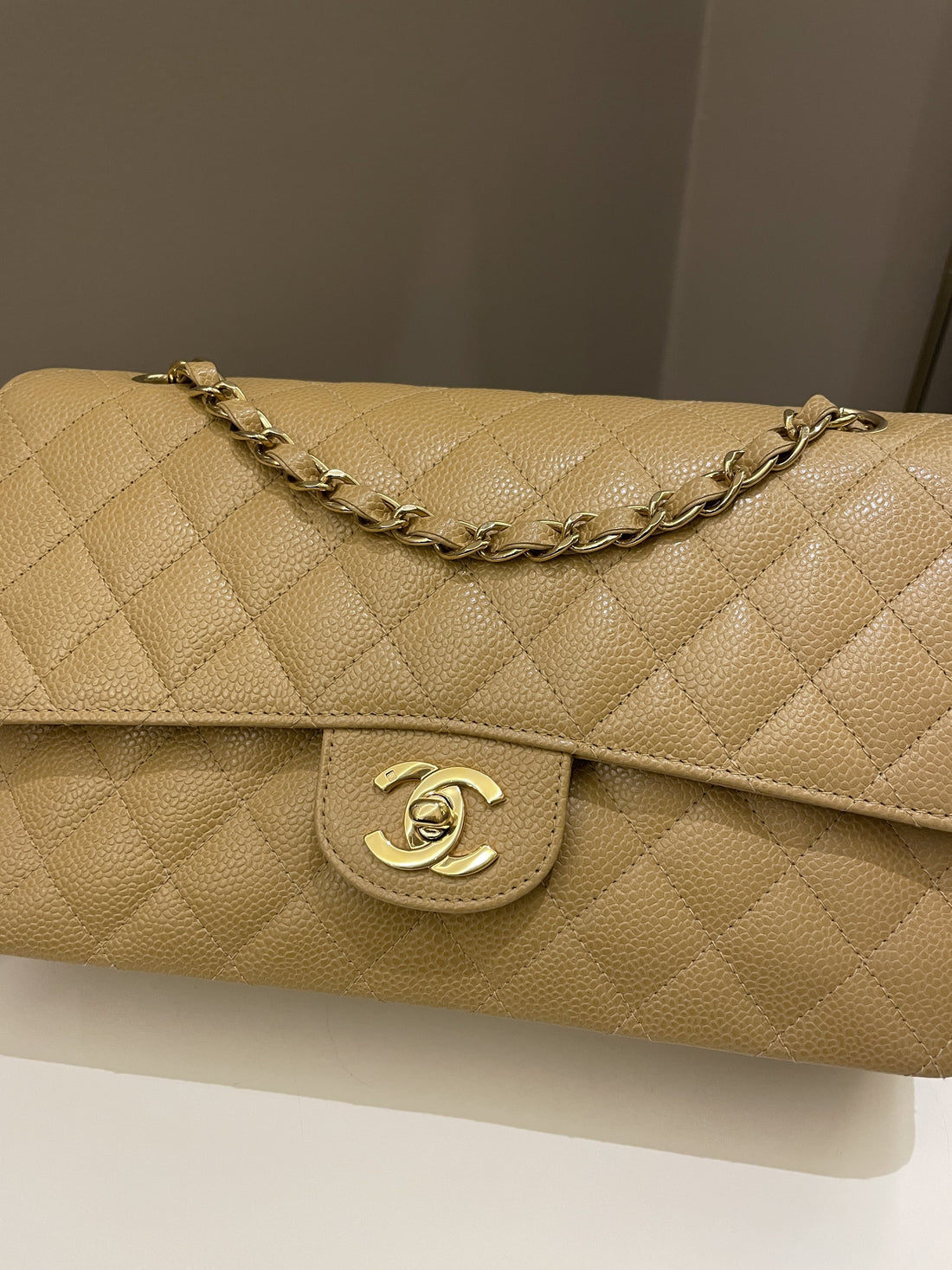 Chanel Vintage Classic Quilted Medium Double Flap Dark Beige Caviar