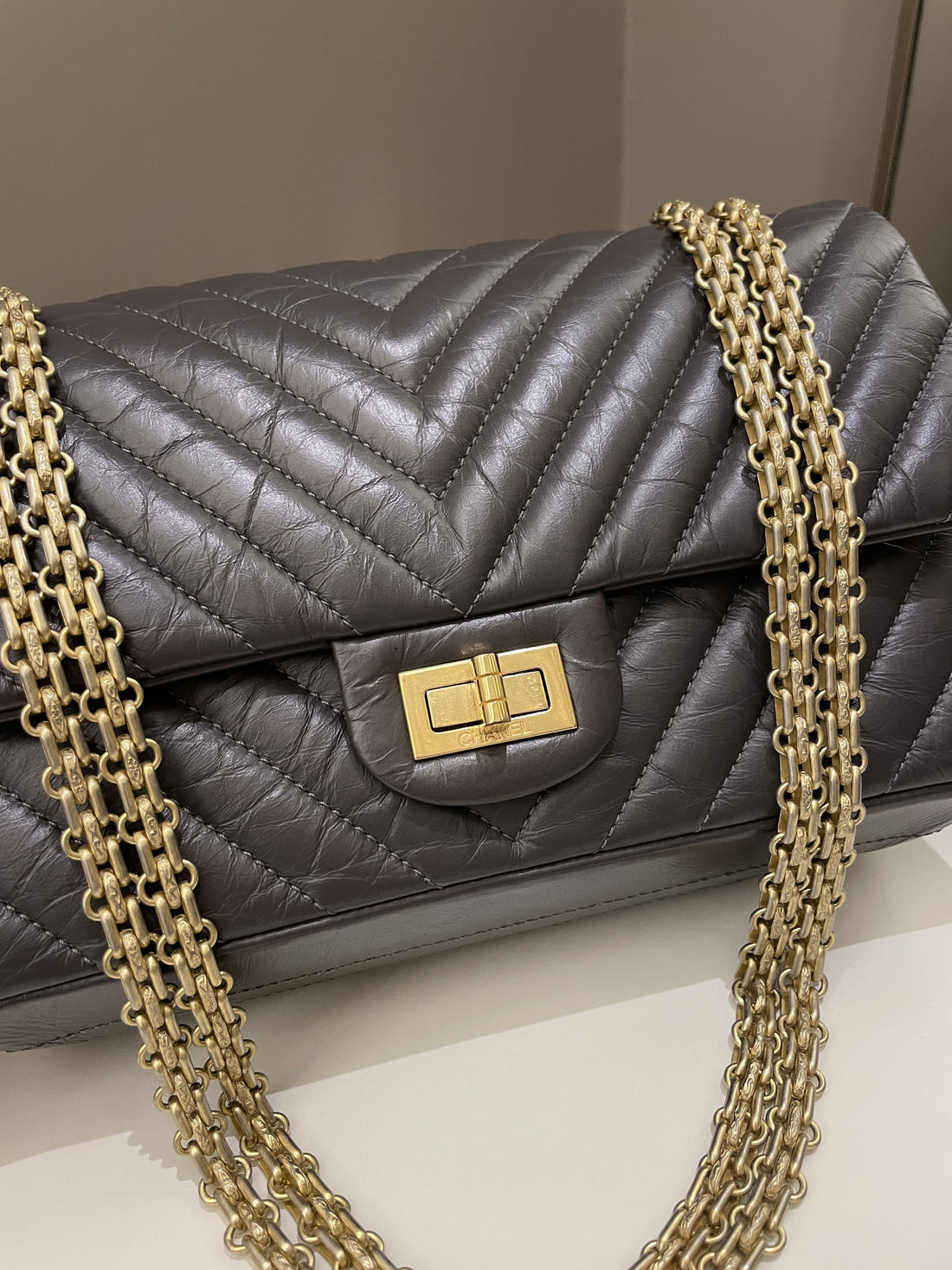 Chanel 2.55 225 Chevron Reissue Double Flap Dark Grey Aged Calfskin