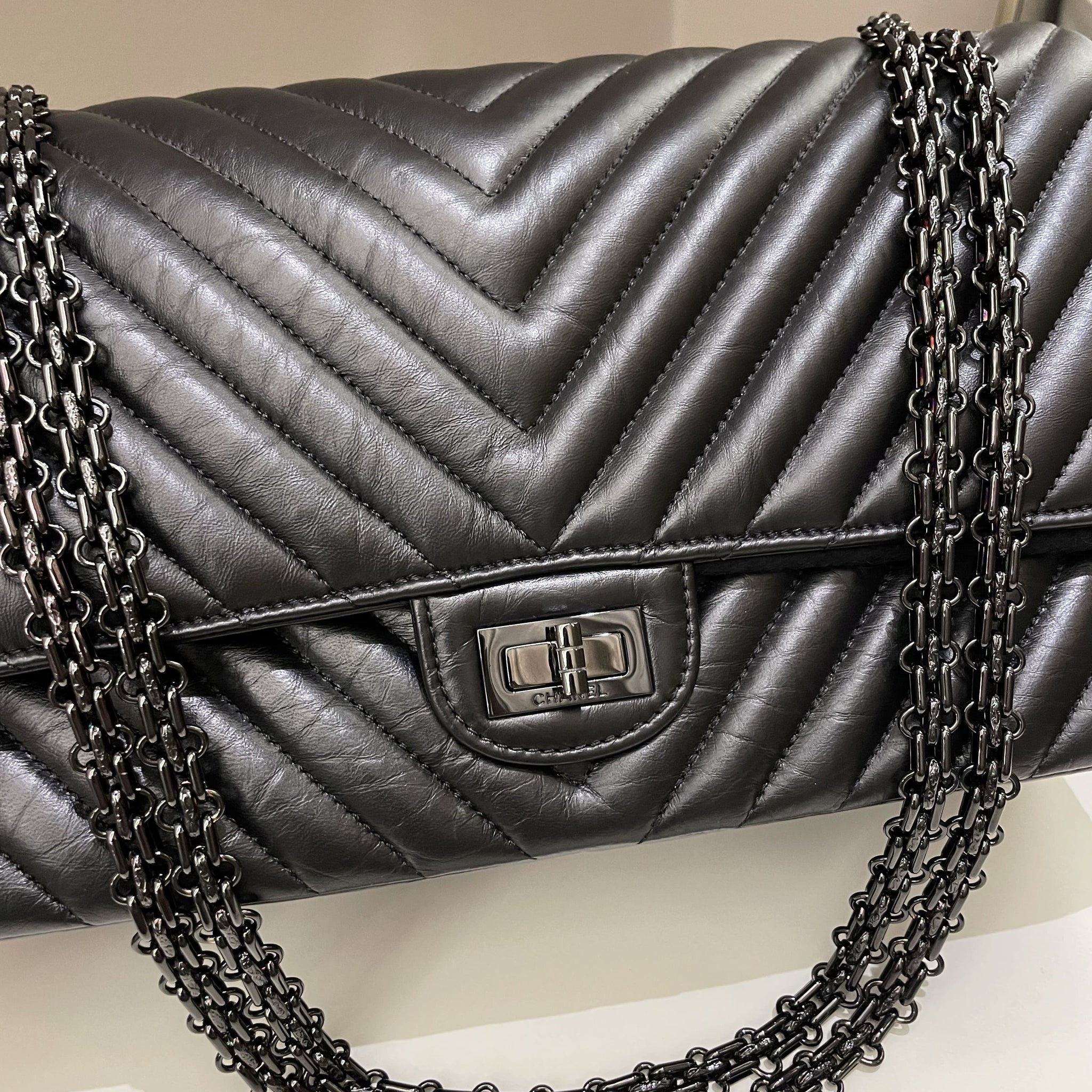 Chanel 2.55 226 So Black Chevron Reissue Double Flap Black Aged Calfskin