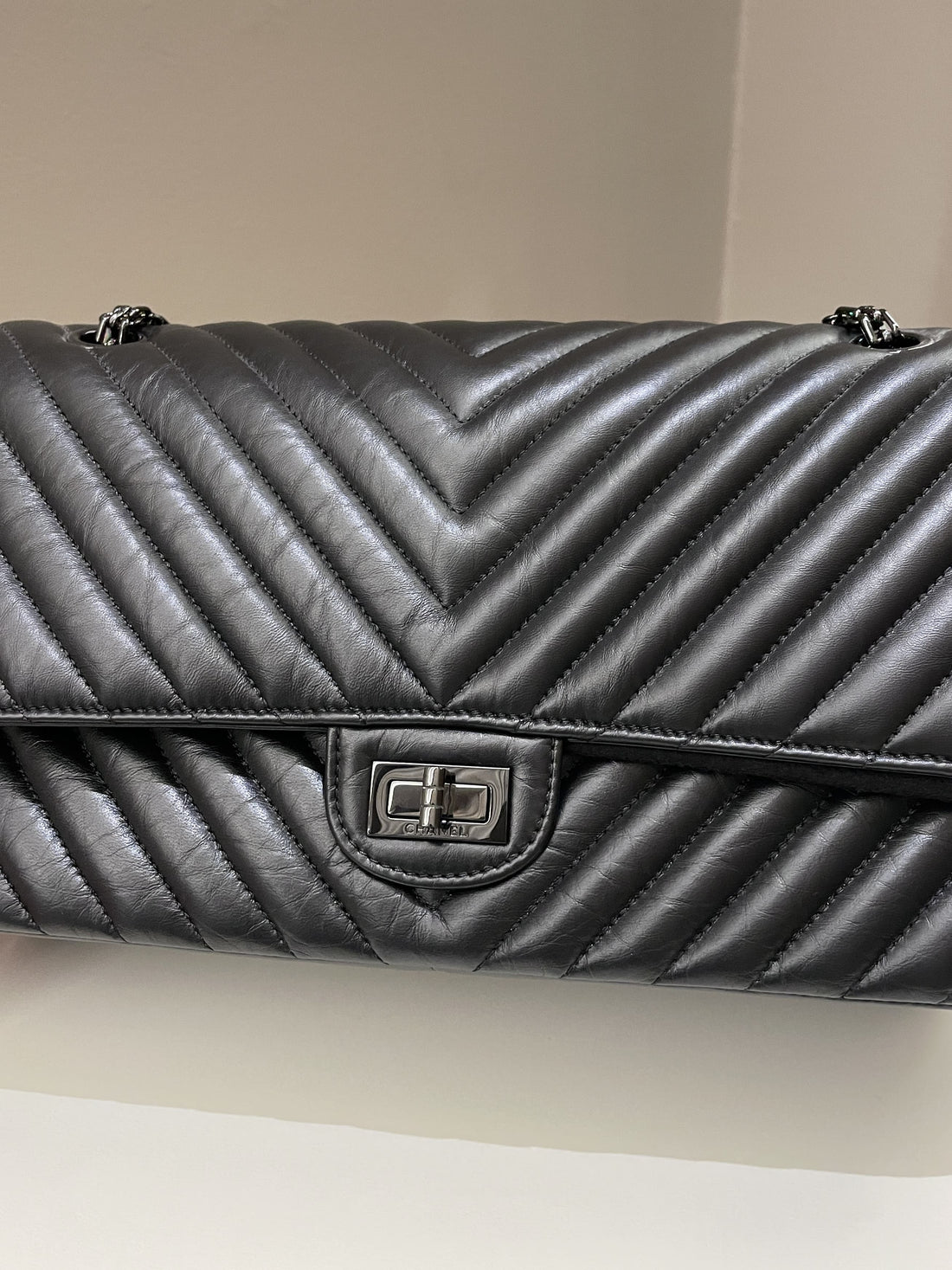 Chanel 2.55 226 So Black Chevron Reissue Double Flap Black Aged Calfskin