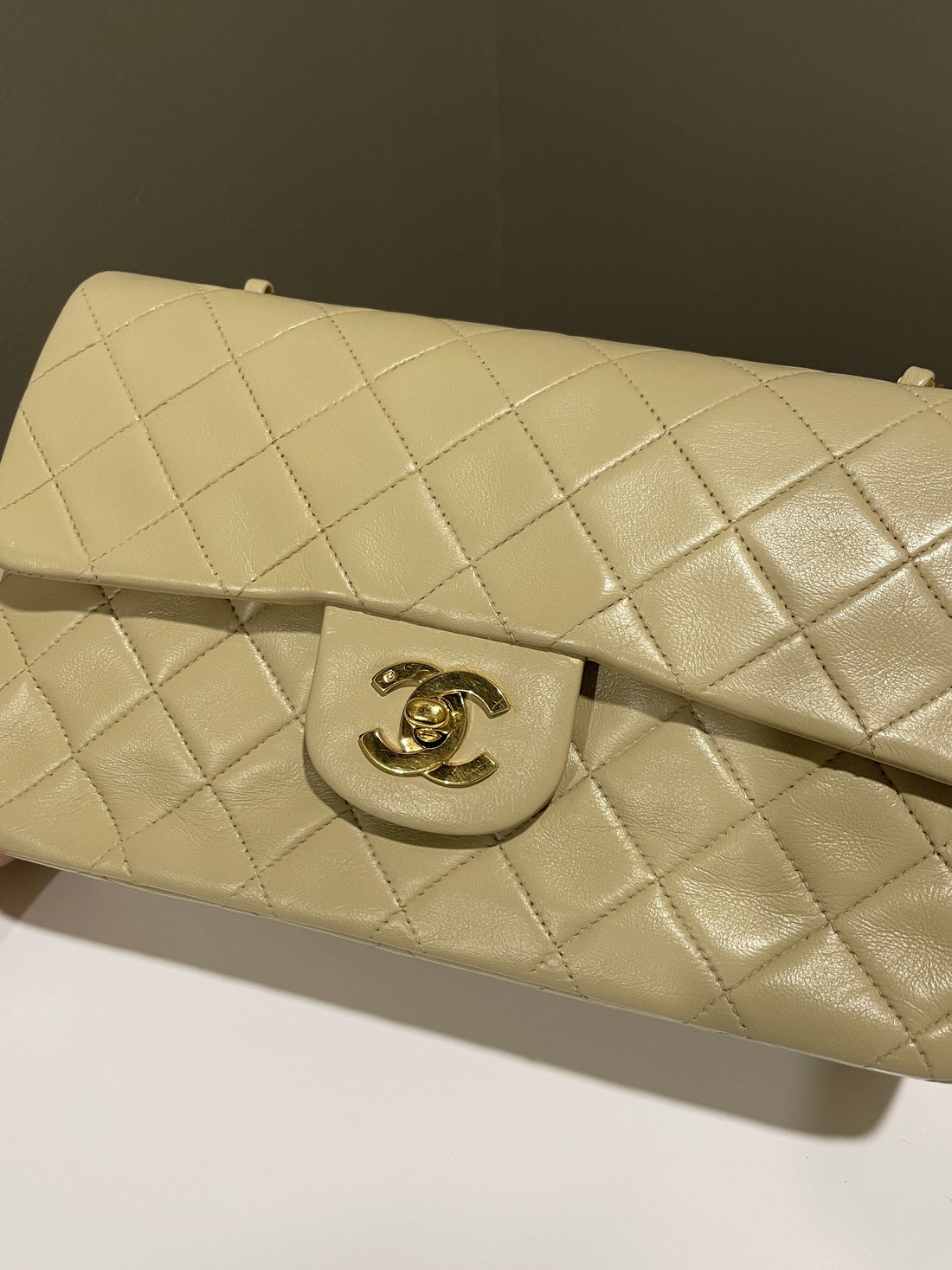 Chanel Vintage Classic Quilted Small Double Flap Beige Lambskin