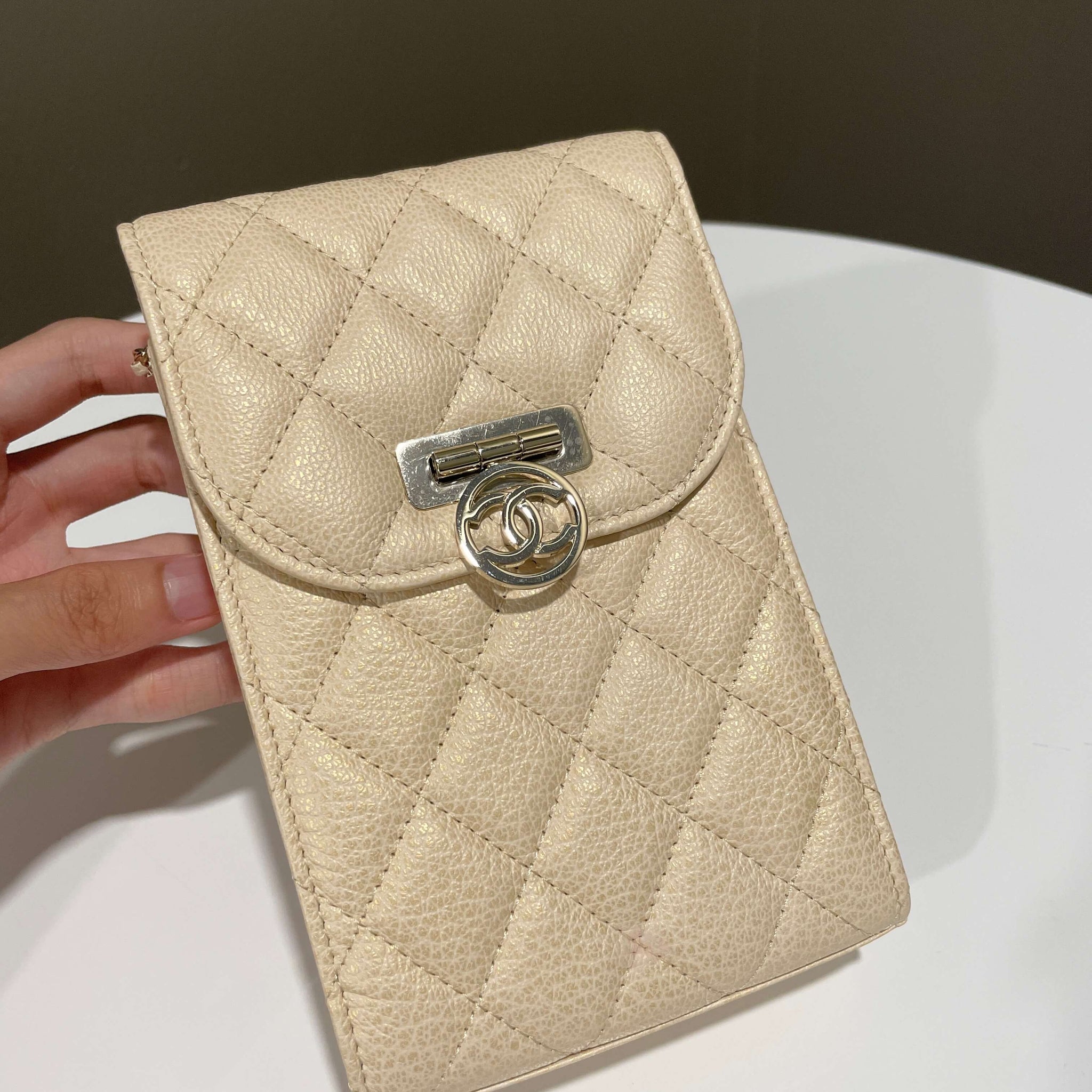 Chanel Quilted Cc Vertical Phone Clutch On Chain Iridescent Champagne Caviar