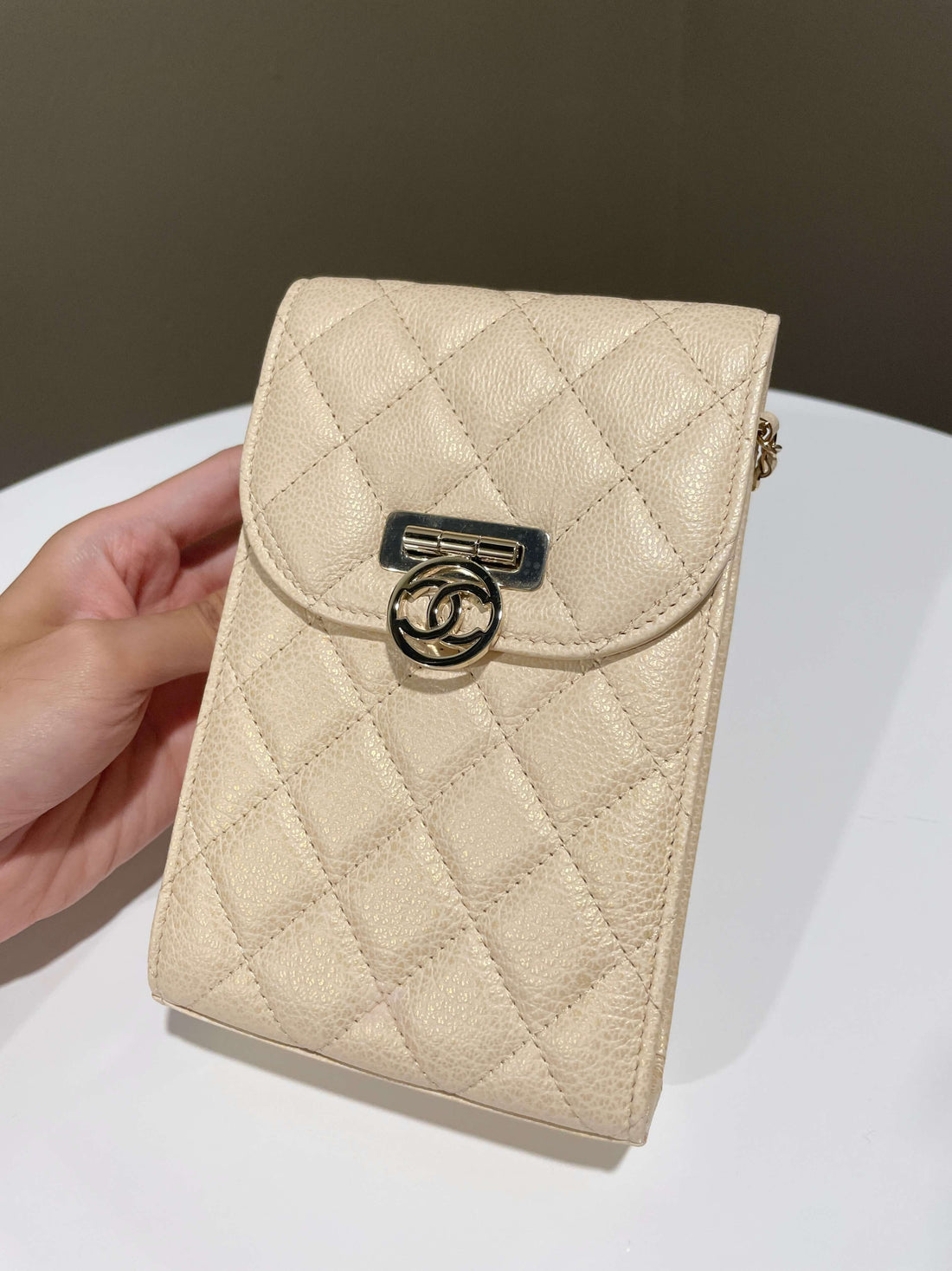 Chanel Quilted Cc Vertical Phone Clutch On Chain Iridescent Champagne Caviar