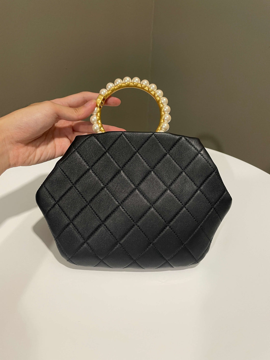 Chanel Quilted Cc Pearl Crown Clutch Bag Black Lambskin