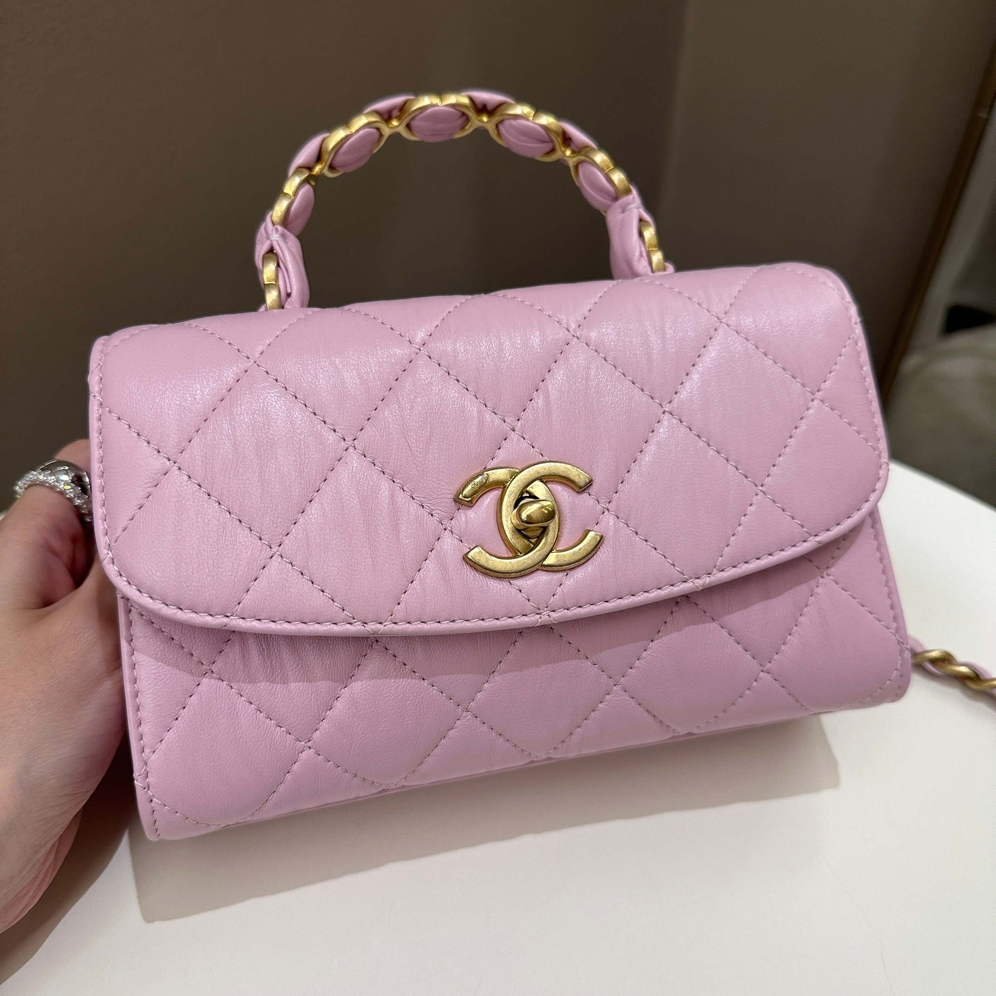 Chanel 21S Quilted Cc Wrapped Top Handle Mauve Pink Aged Calfskin
