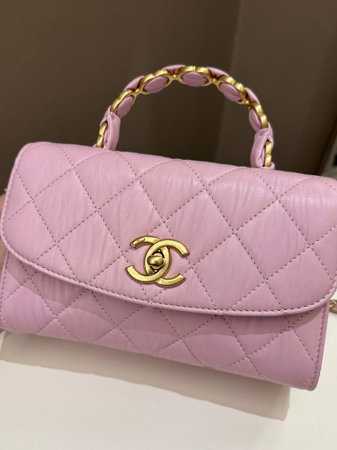 Chanel 21S Quilted Cc Wrapped Top Handle Mauve Pink Aged Calfskin