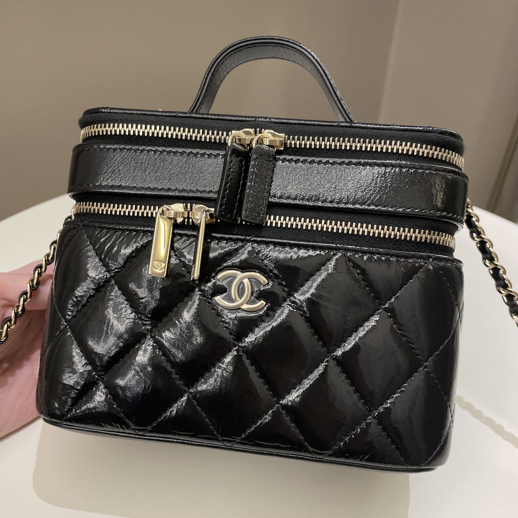 Chanel 22B Top Handle Tall Vanity Black Patent