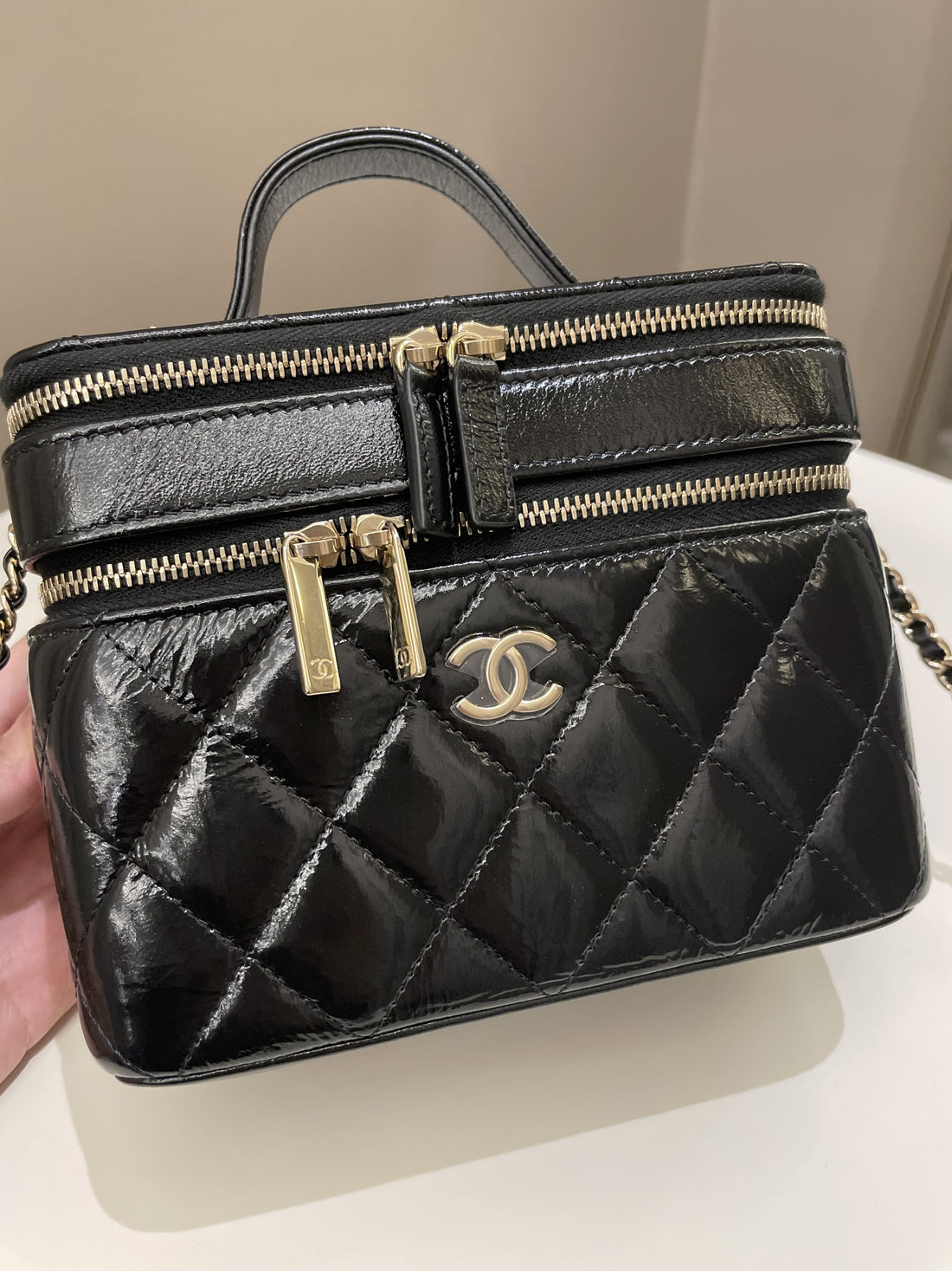 Chanel 22B Top Handle Tall Vanity Black Patent