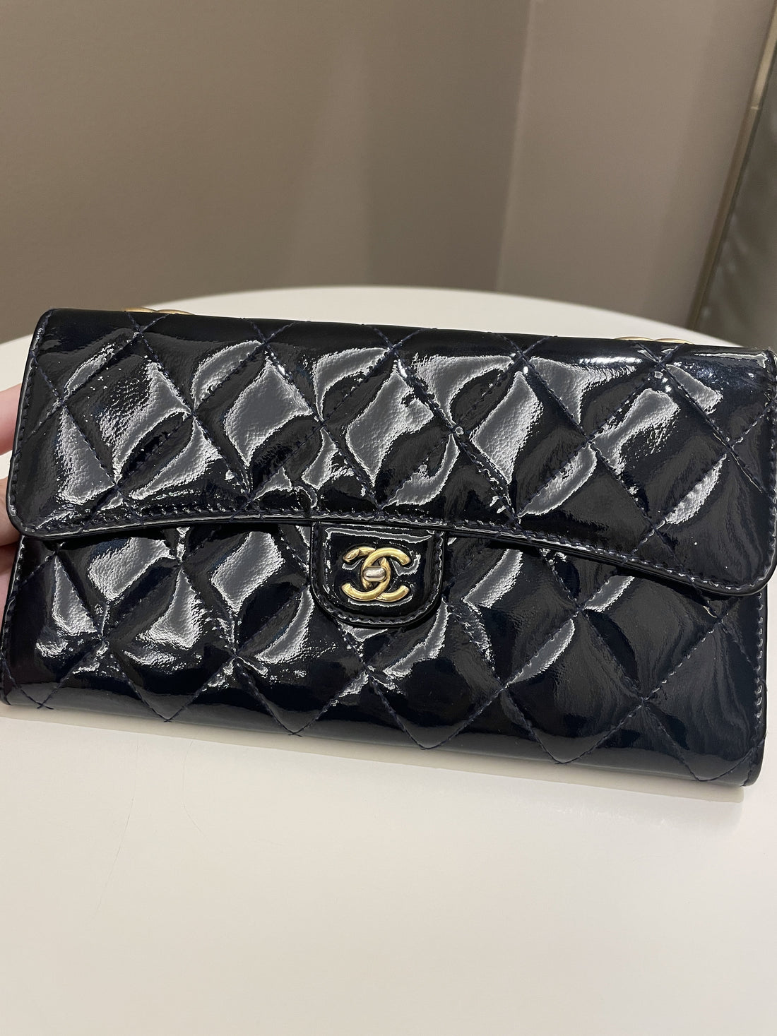 Chanel Double C Grommet Clutch On Chain Midnight Blue Patent