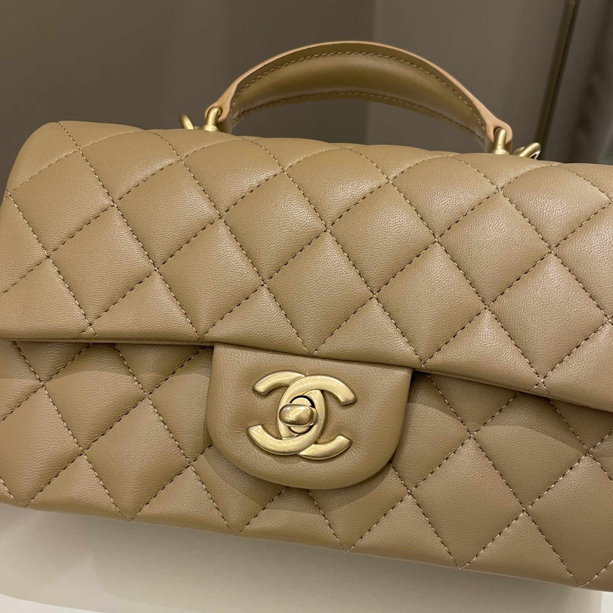 Chanel 22B Quilted Metal Top Handle Mini Rectangular Dark Beige Lambskin