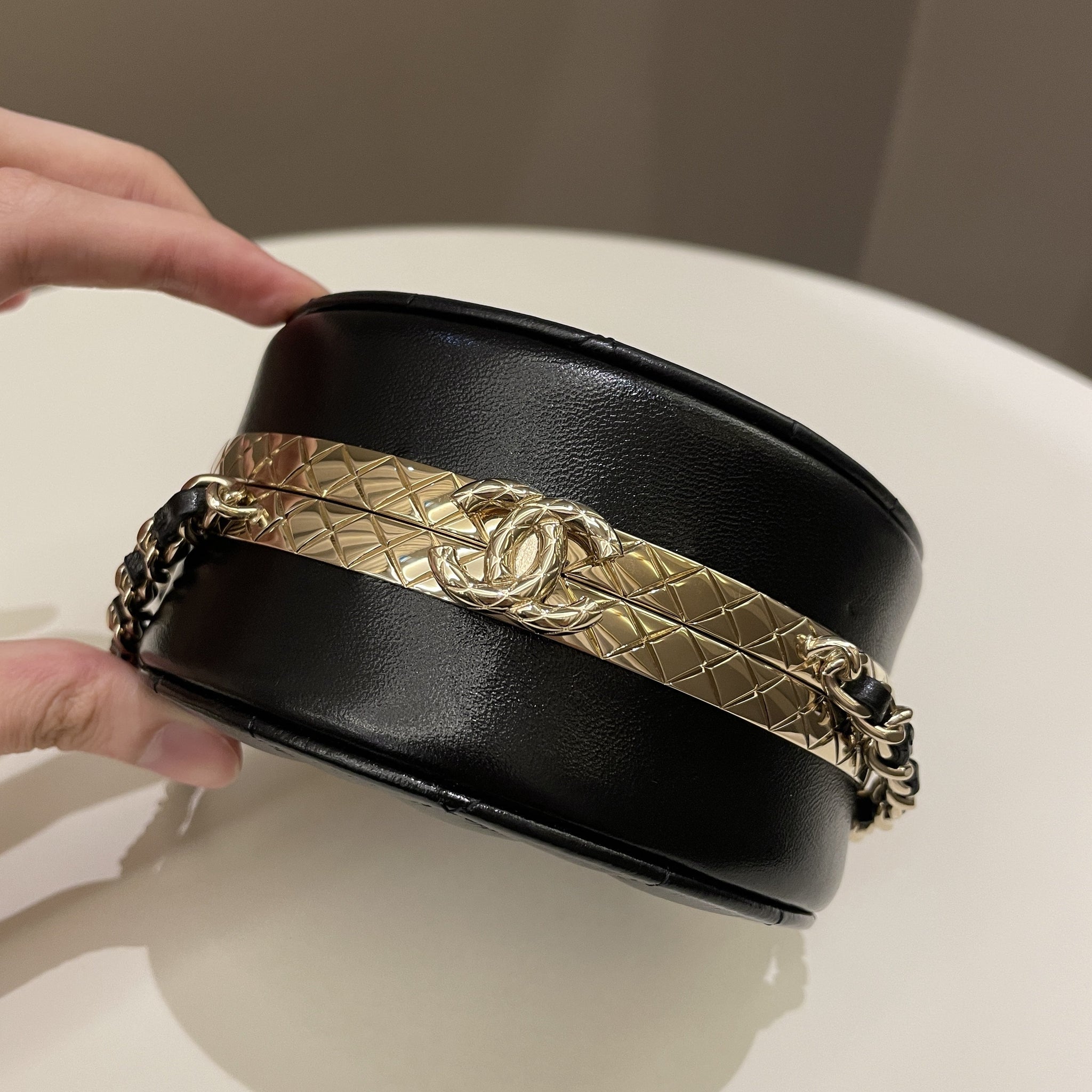 Chanel Quilted Round Evening Chain Clutch Black Lambskin