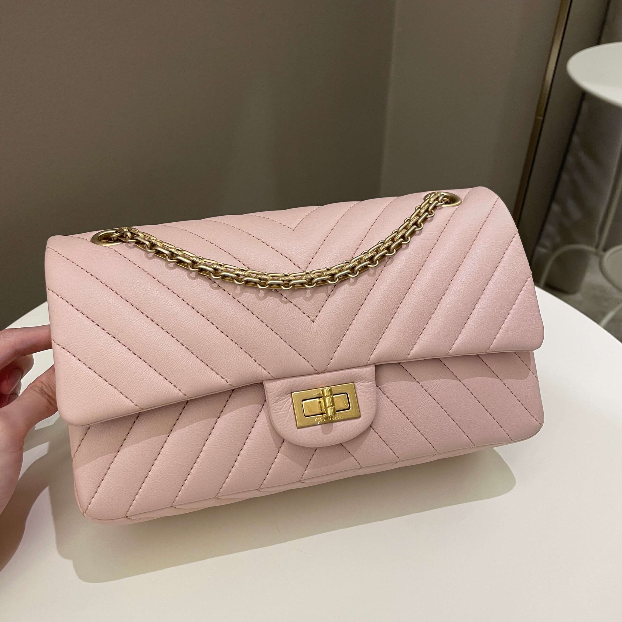 Chanel 17C Classic 2.55 Chevron Reissue 225 Pale Pink Calfskin