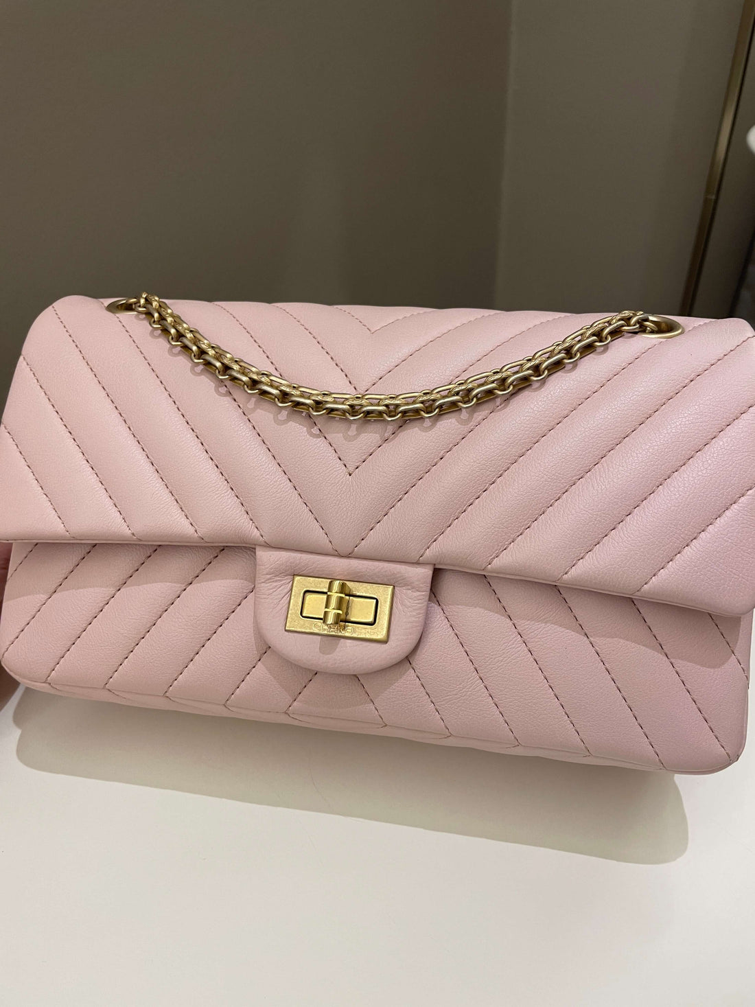 Chanel 17C Classic 2.55 Chevron Reissue 225 Pale Pink Calfskin