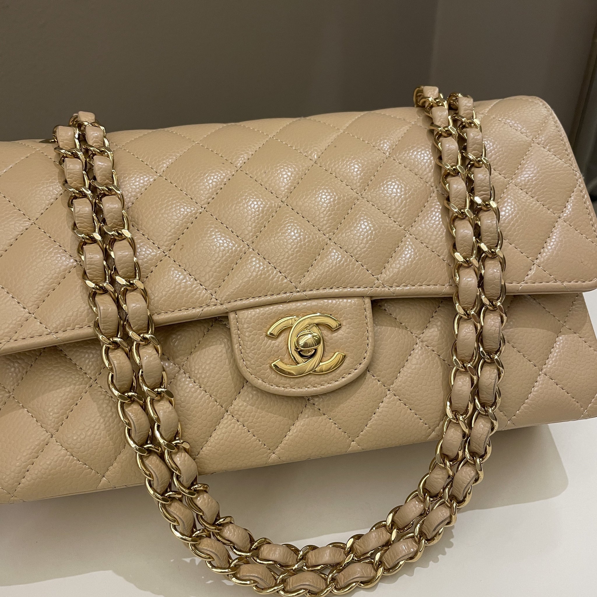 Chanel Classic Quilted Medium Double Flap Beige Claire Caviar