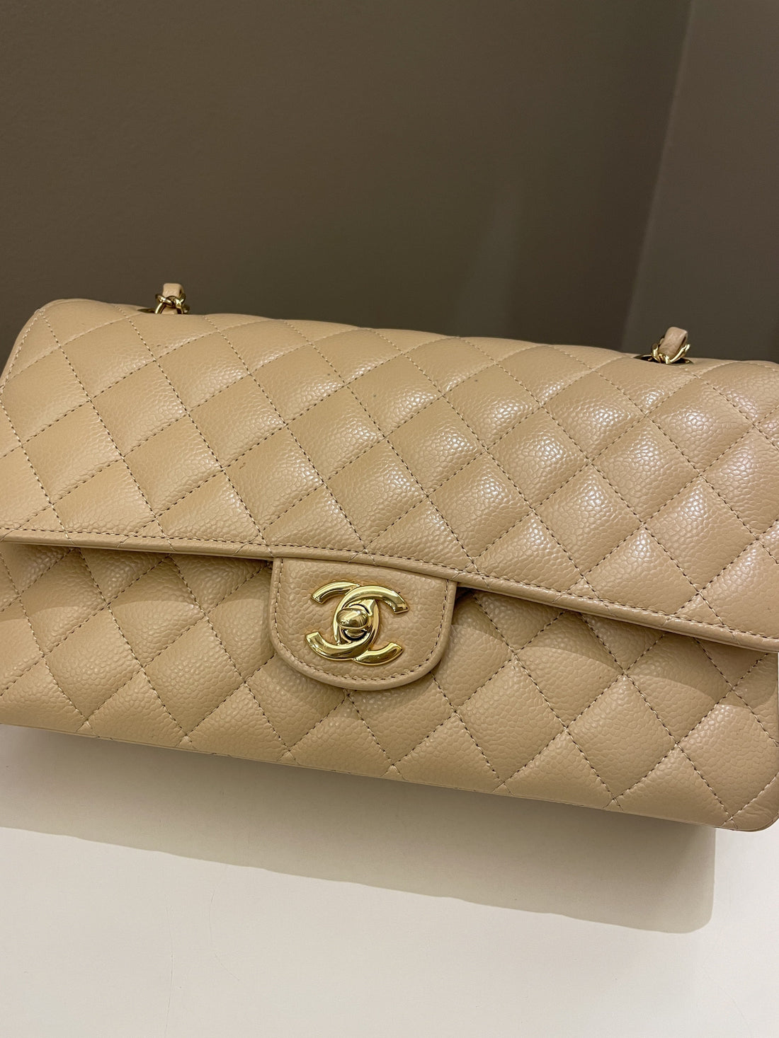 Chanel Classic Quilted Medium Double Flap Beige Claire Caviar